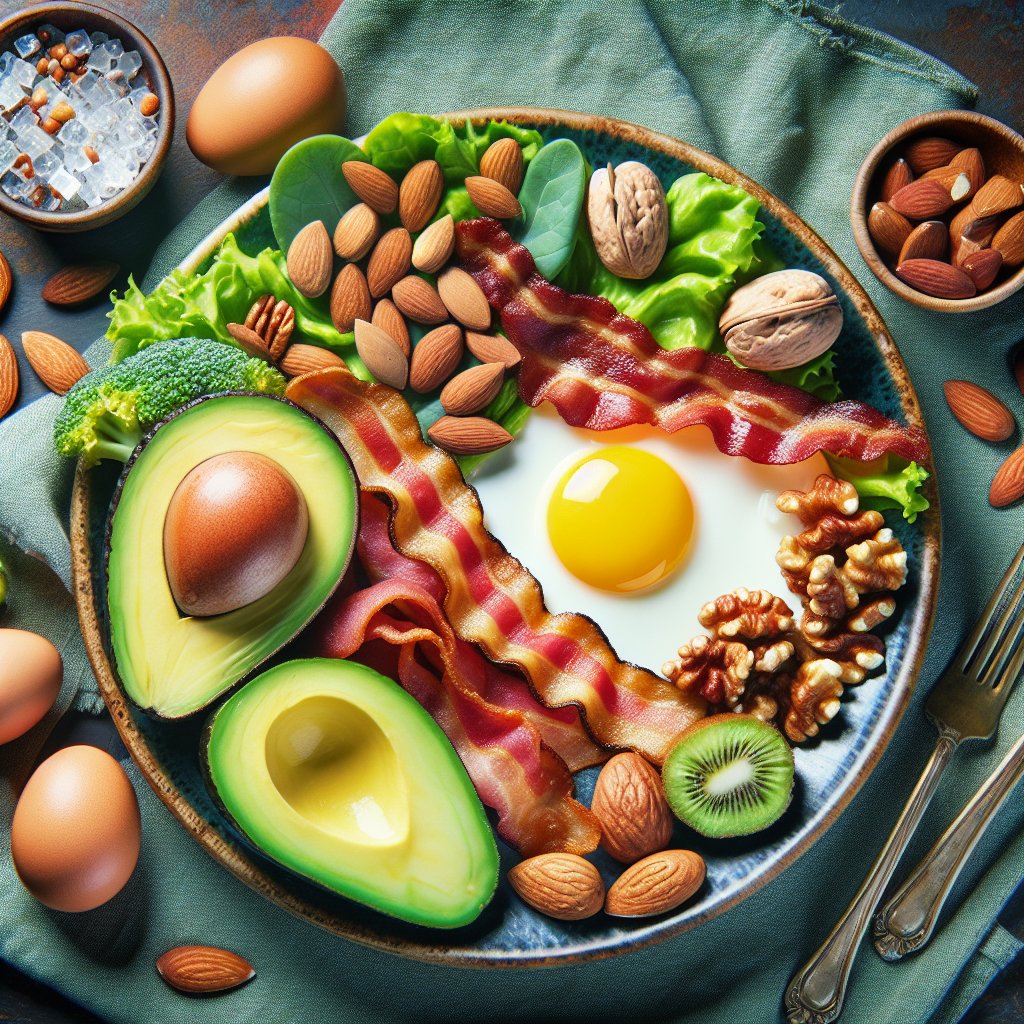 Vibrant plate featuring keto-friendly low-carb, high-fat foods such as avocado, eggs, bacon, and nuts