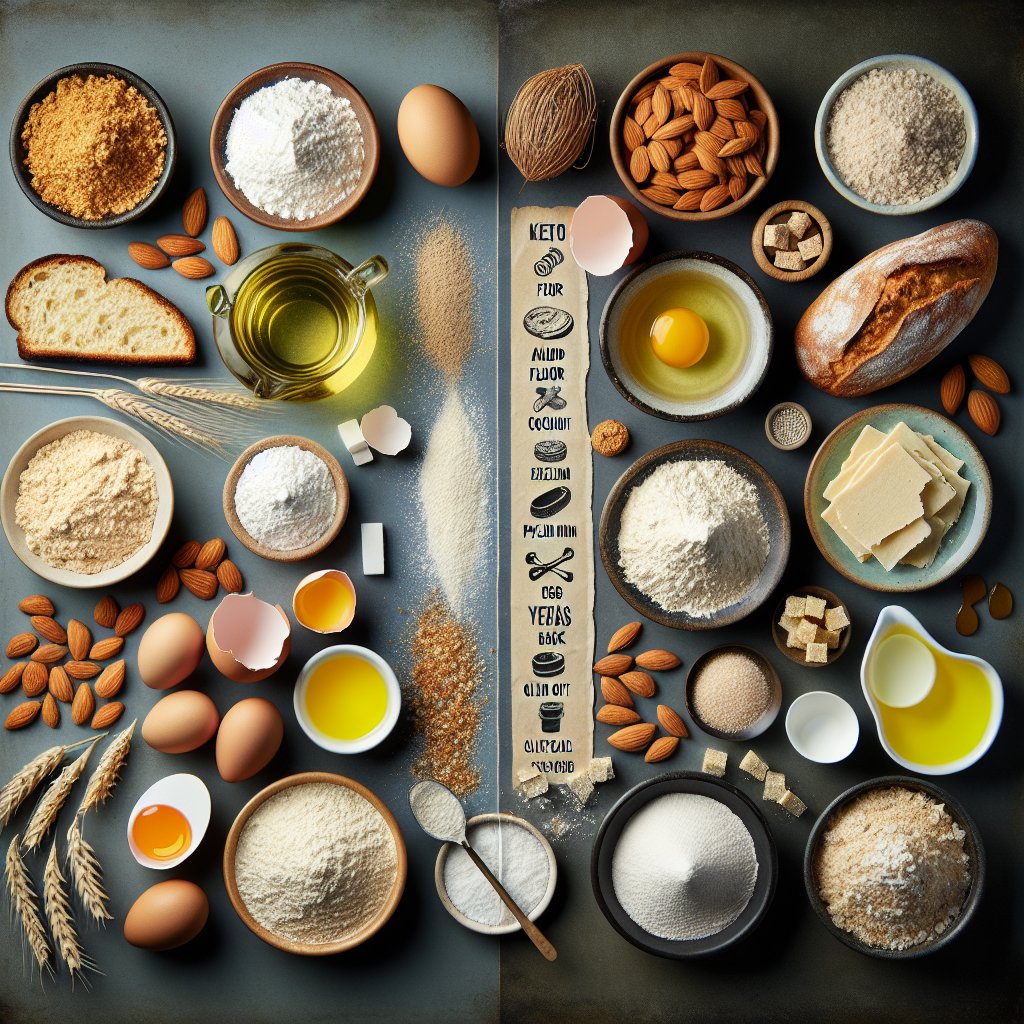 Assortment of ingredients used in keto bread and regular bread, showcasing a variety of textures and colors