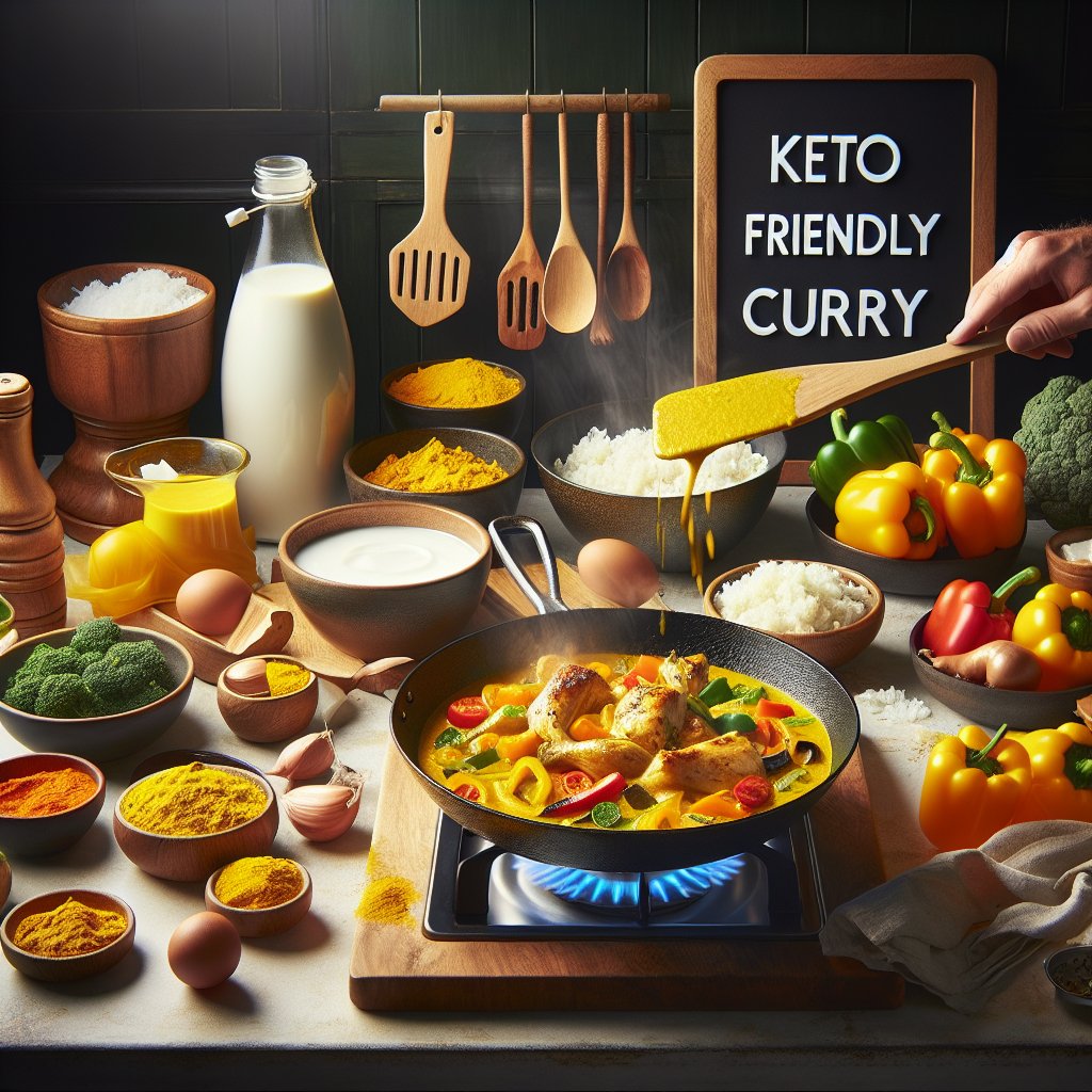 Vibrant keto-friendly yellow curry being prepared in a modern kitchen with fresh turmeric, coconut milk, cauliflower rice, bell peppers, and chicken.