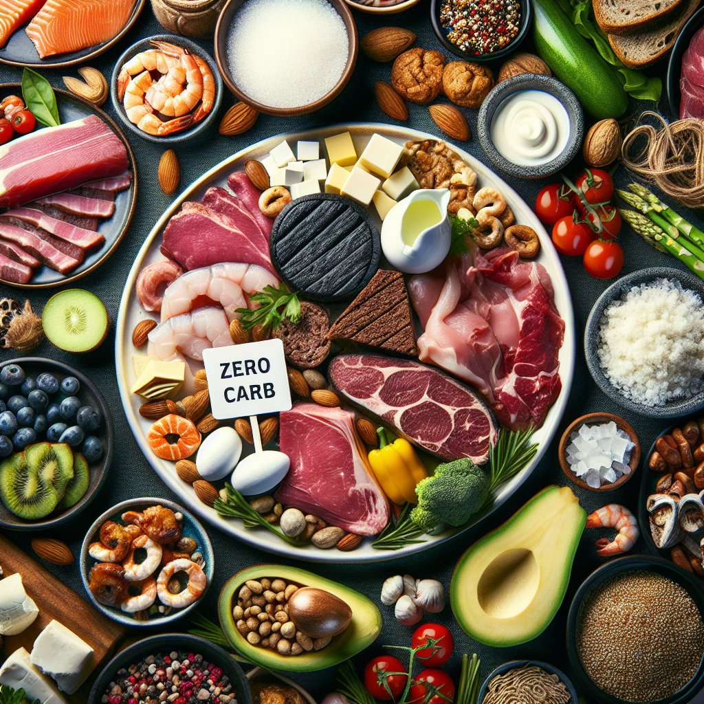 A visually appealing plate showcasing an abundance of zero carb foods such as meats, seafood, and certain dairy products in the context of the ketogenic diet.