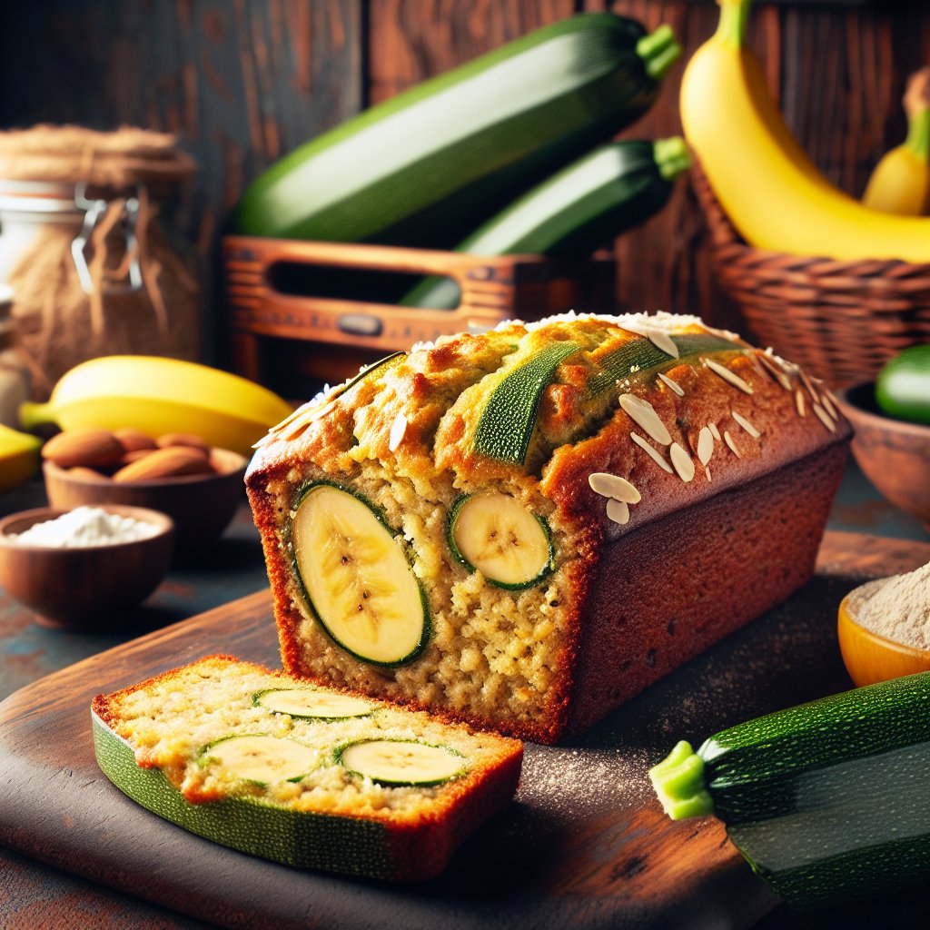 Golden brown keto zucchini banana bread loaf with fresh zucchinis and ripe bananas in a rustic kitchen setting.