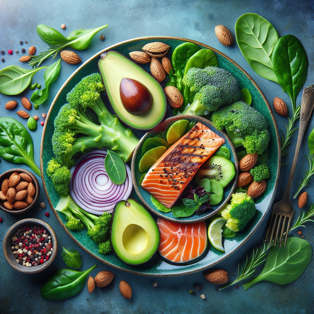Vibrant plate with ketogenic-friendly foods such as avocado, salmon, leafy greens, and nuts, symbolizing the potential benefits of the ketogenic diet.