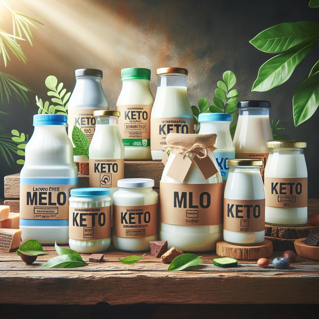 Assortment of popular lactose-free milk brands for a keto diet displayed on a rustic wooden table with vibrant natural lighting.