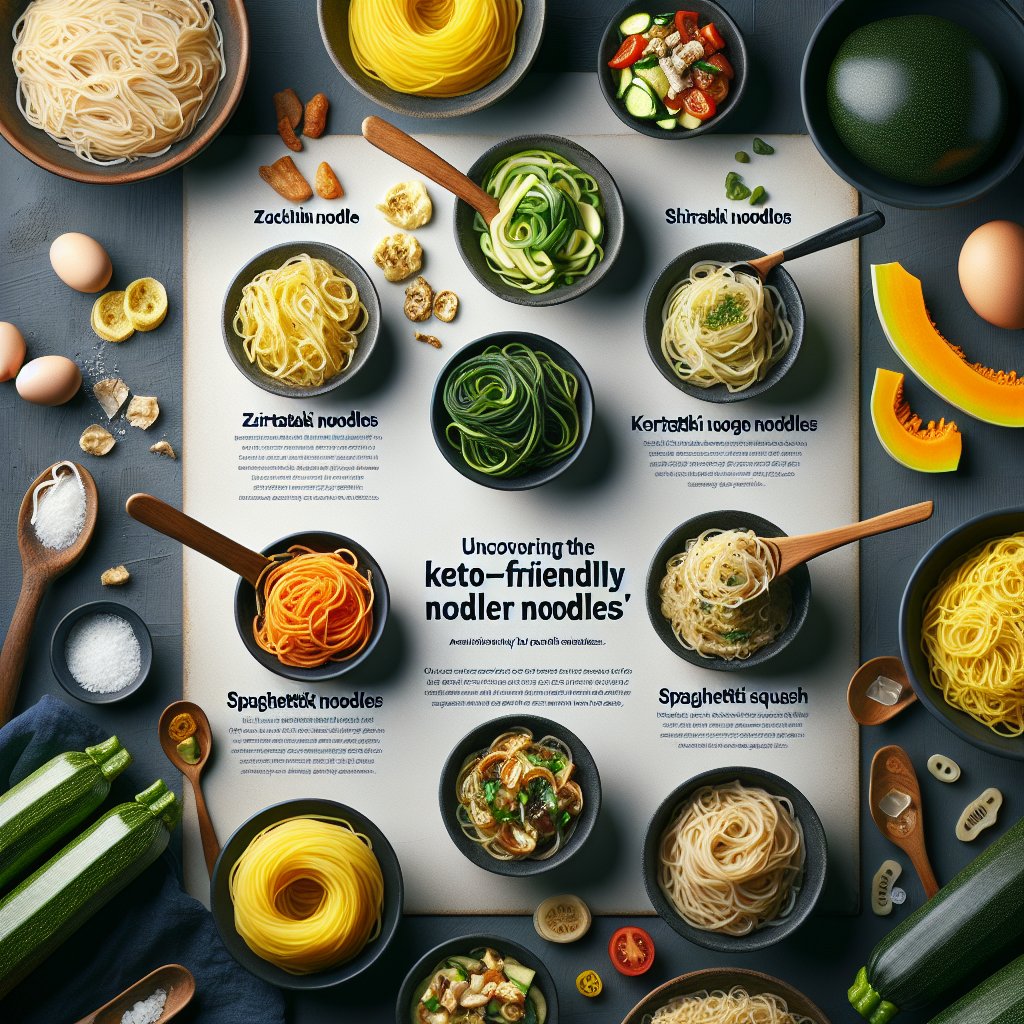 A visual comparison of low-carb noodle alternatives including zucchini, shirataki, spaghetti squash, and Wonder Noodles, highlighting their unique textures and keto-friendly aspects.