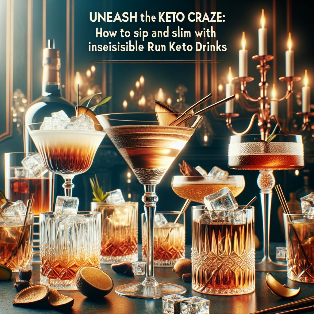 Elegant glassware filled with enticing keto-friendly rum cocktails featuring white rum, dark rum, and spiced rum, set against a sophisticated backdrop nodding to the rising trend of low-carb cocktails and the allure of the keto diet.