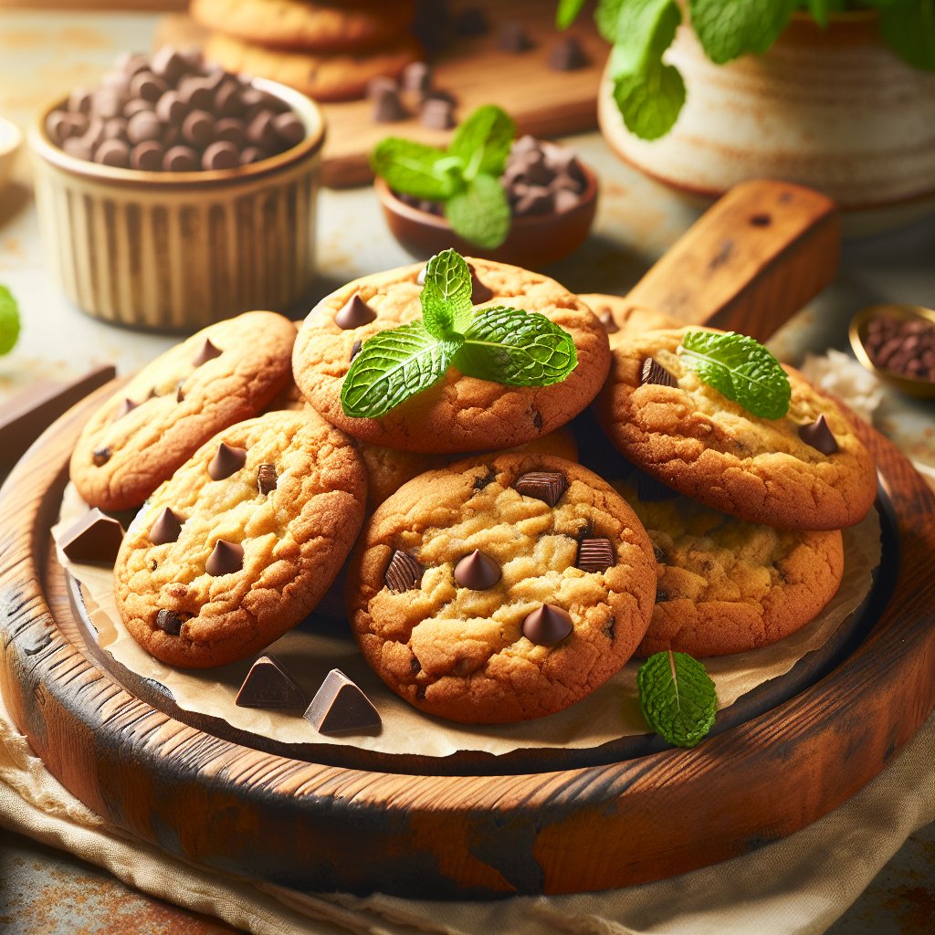 Freshly baked magic keto cookies on rustic wooden board with mint and chocolate chips