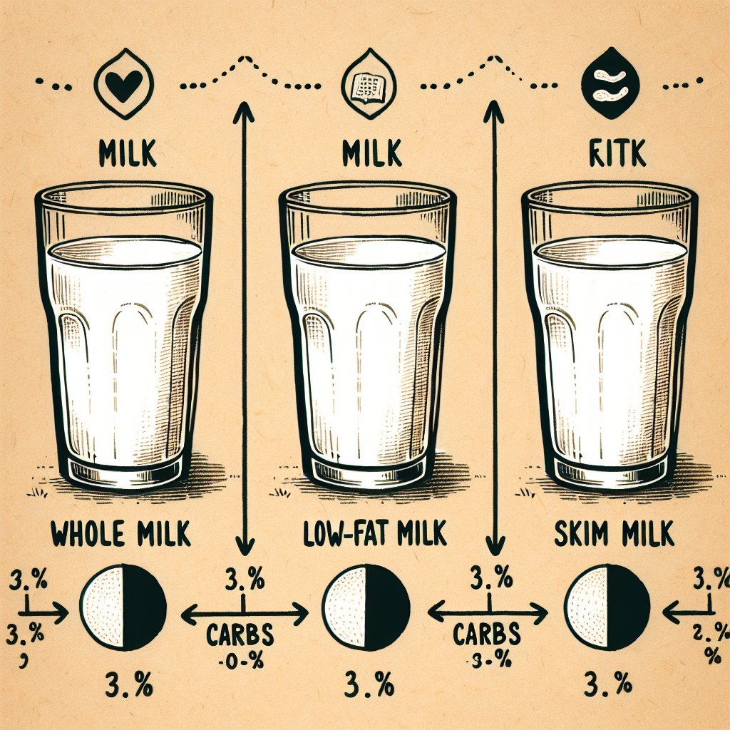 Three glasses of milk labeled with whole, low-fat, and skim milk, arranged in a line with a gradual transition from creamy white to pale white. Carb and fat content displayed below the glasses. Suitable for a ketogenic diet.