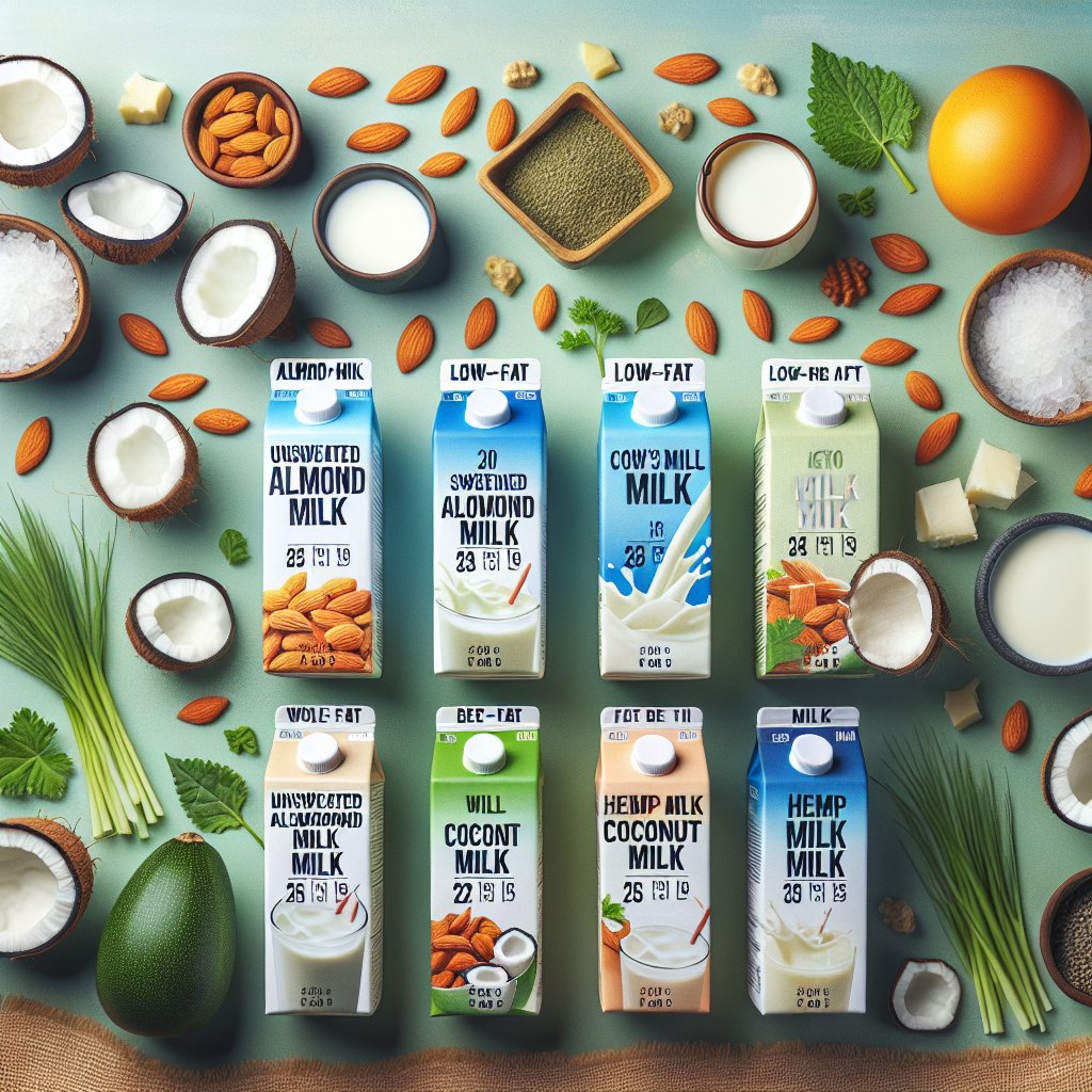 Assorted milk cartons surrounded by fresh keto-friendly ingredients with carb and fat content labels