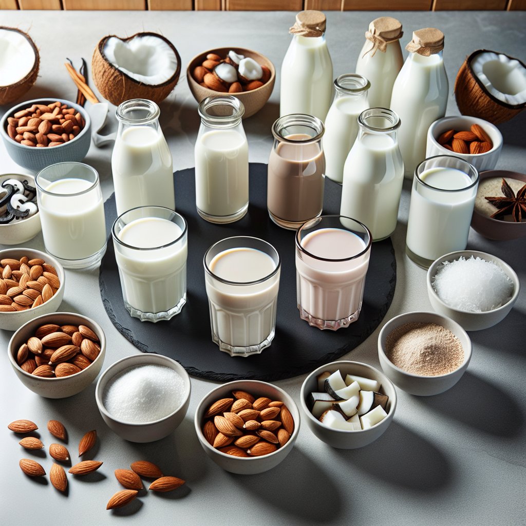 Assorted selection of whole milk, almond milk, and keto-friendly milk alternatives in elegant bottles and glasses, accompanied by fresh almonds, coconuts, and vanilla pods on a modern kitchen countertop.