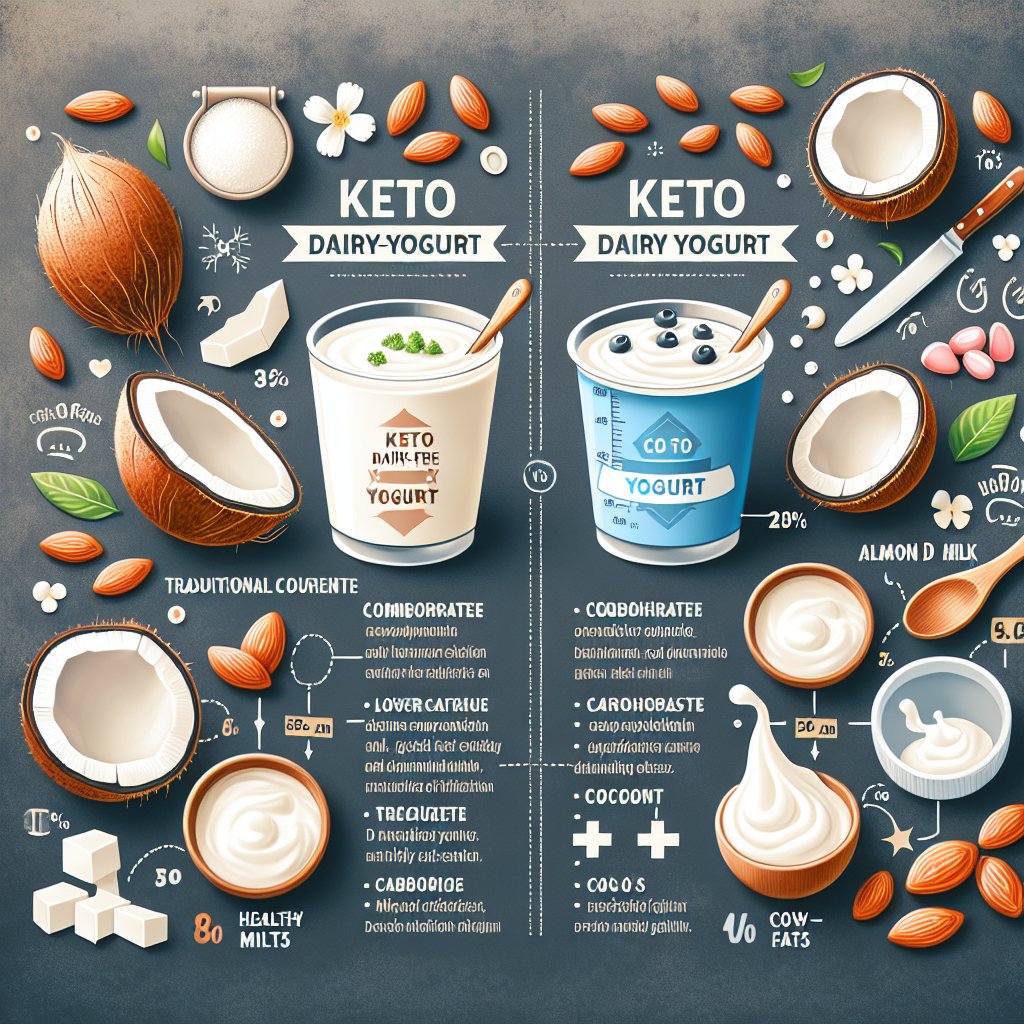 Comparison of keto dairy-free yogurt and traditional dairy yogurt emphasizing lower carb content and higher healthy fats