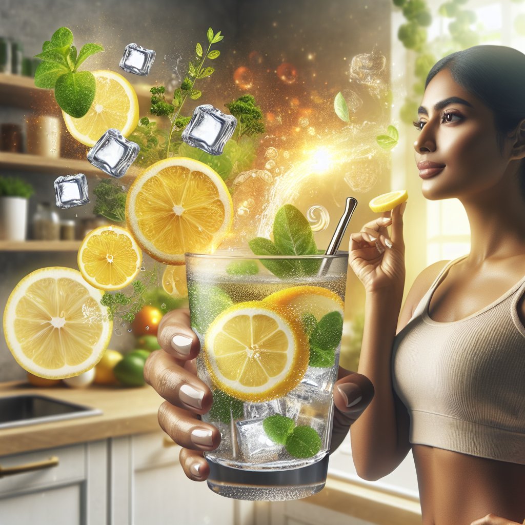 Person holding a glass of lemon-infused water with lemon slices and ice cubes, promoting hydration and well-being on a keto diet