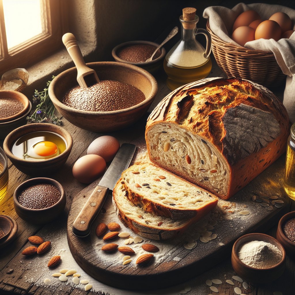 Sliced keto-friendly gluten-free bread surrounded by key ingredients in a rustic kitchen scene