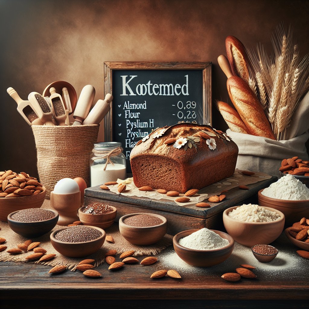 Kitchen countertop with freshly baked keto bread loaves, almond flour, psyllium husk, and flaxseed