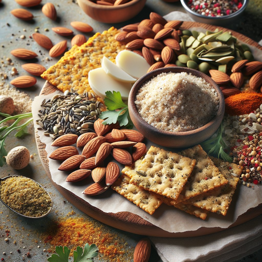 Colorful organic almond flour, seed blends, and seasonings used in Simple Mills crackers.