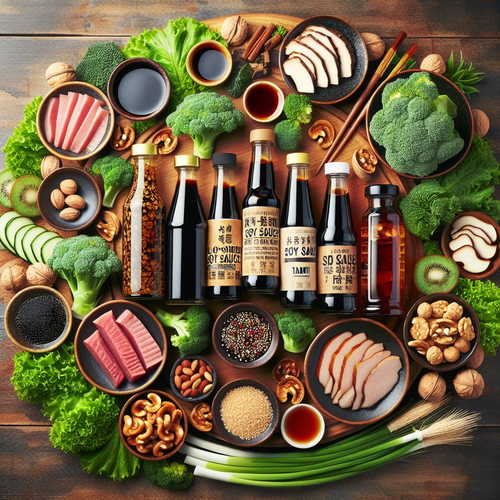 Various soy sauce bottles surrounded by keto-friendly ingredients on a wooden table