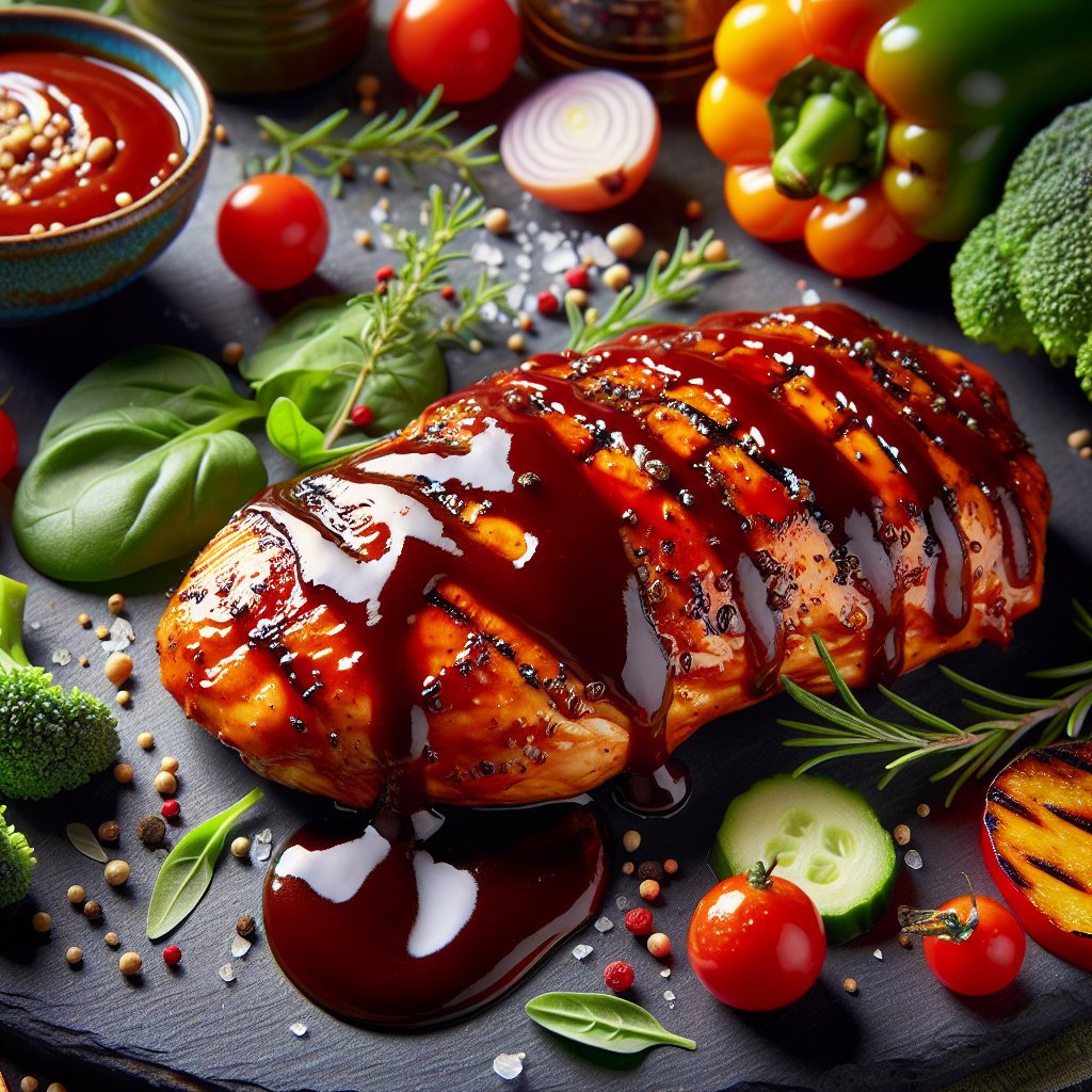 Grilled chicken breast slathered in glossy keto BBQ sauce surrounded by fresh low-carb vegetables