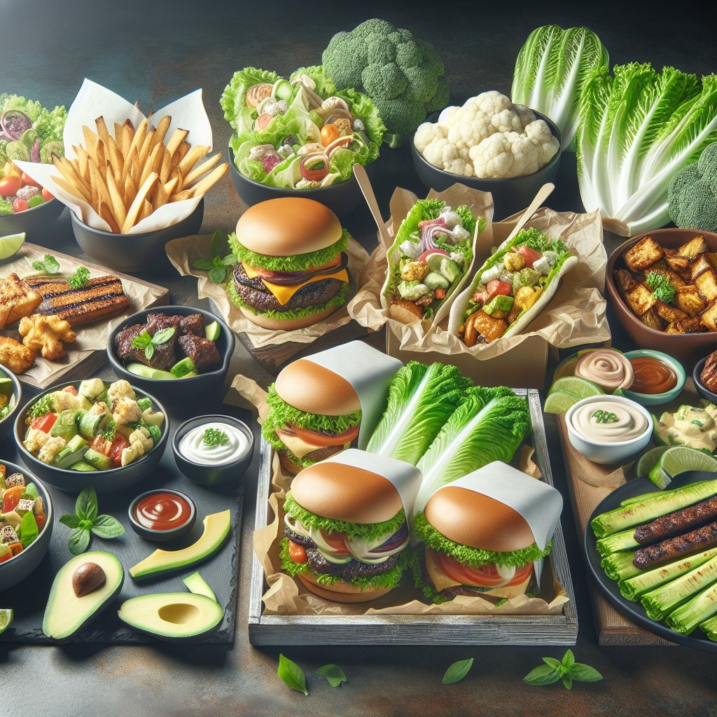 Colorful and appetizing vegetarian keto-friendly fast food spread, featuring lettuce-wrapped burgers, avocado and cauliflower-based sides, and creatively-prepared salads.