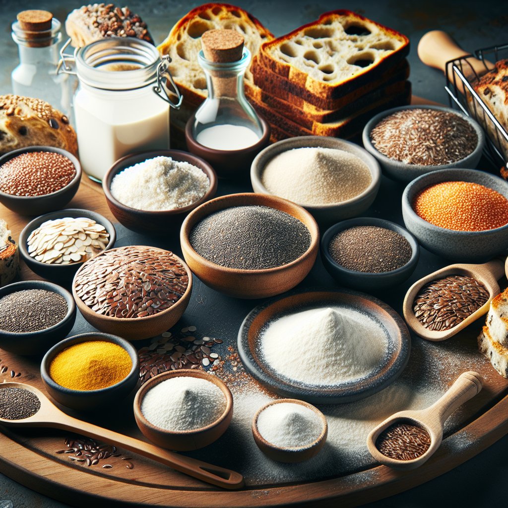 Assorted keto baking ingredients including flaxseed meal, chia seeds, and xanthan gum for low-carb cooking