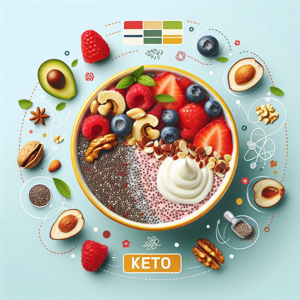 A vibrant chia and flax seed pudding topped with fresh berries and nuts on a keto-friendly background.