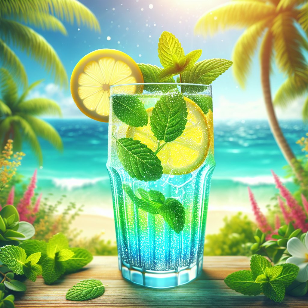 Colorful electrolyte drink garnished with lemon and mint against a tropical backdrop