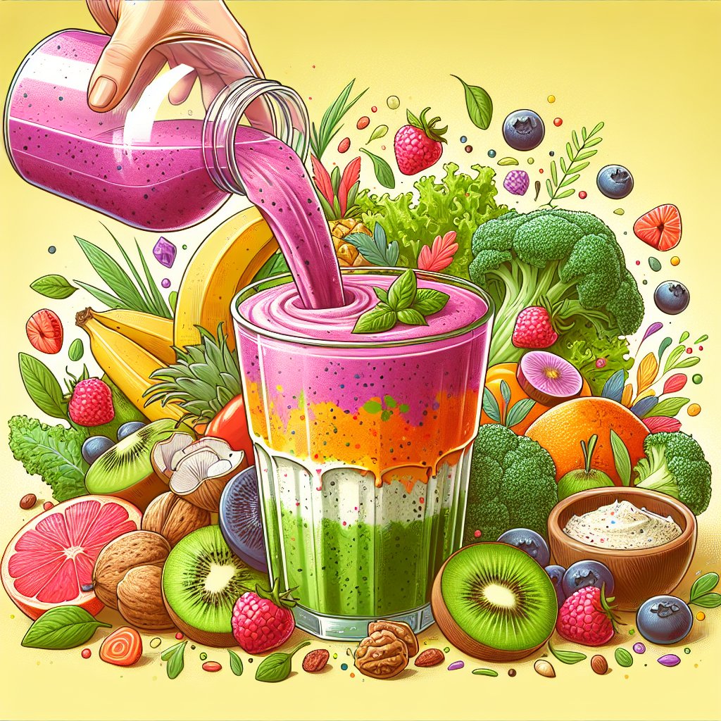 Vibrant and colorful keto kefir smoothie being poured into a glass, surrounded by fresh, organic ingredients