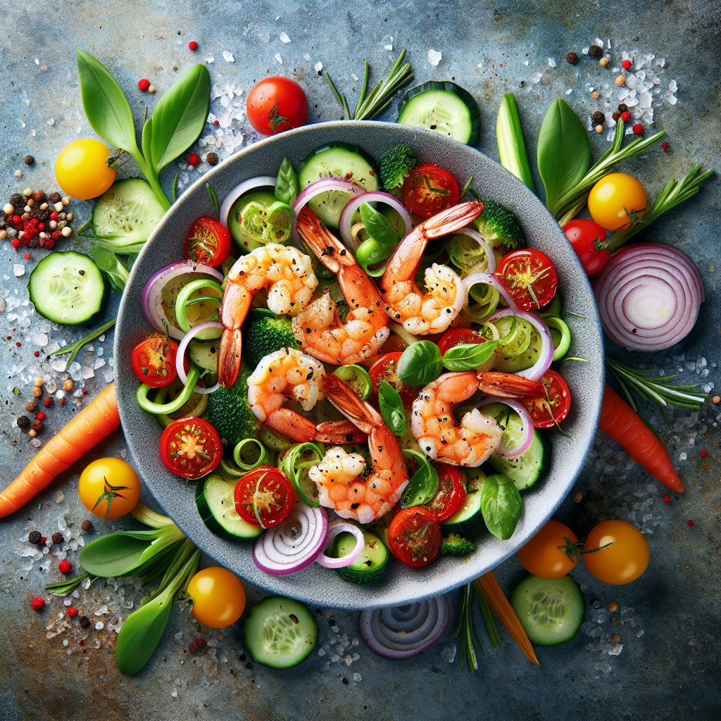 Vibrant keto-friendly shrimp dish with colorful low-carb vegetables and enticing seasonings