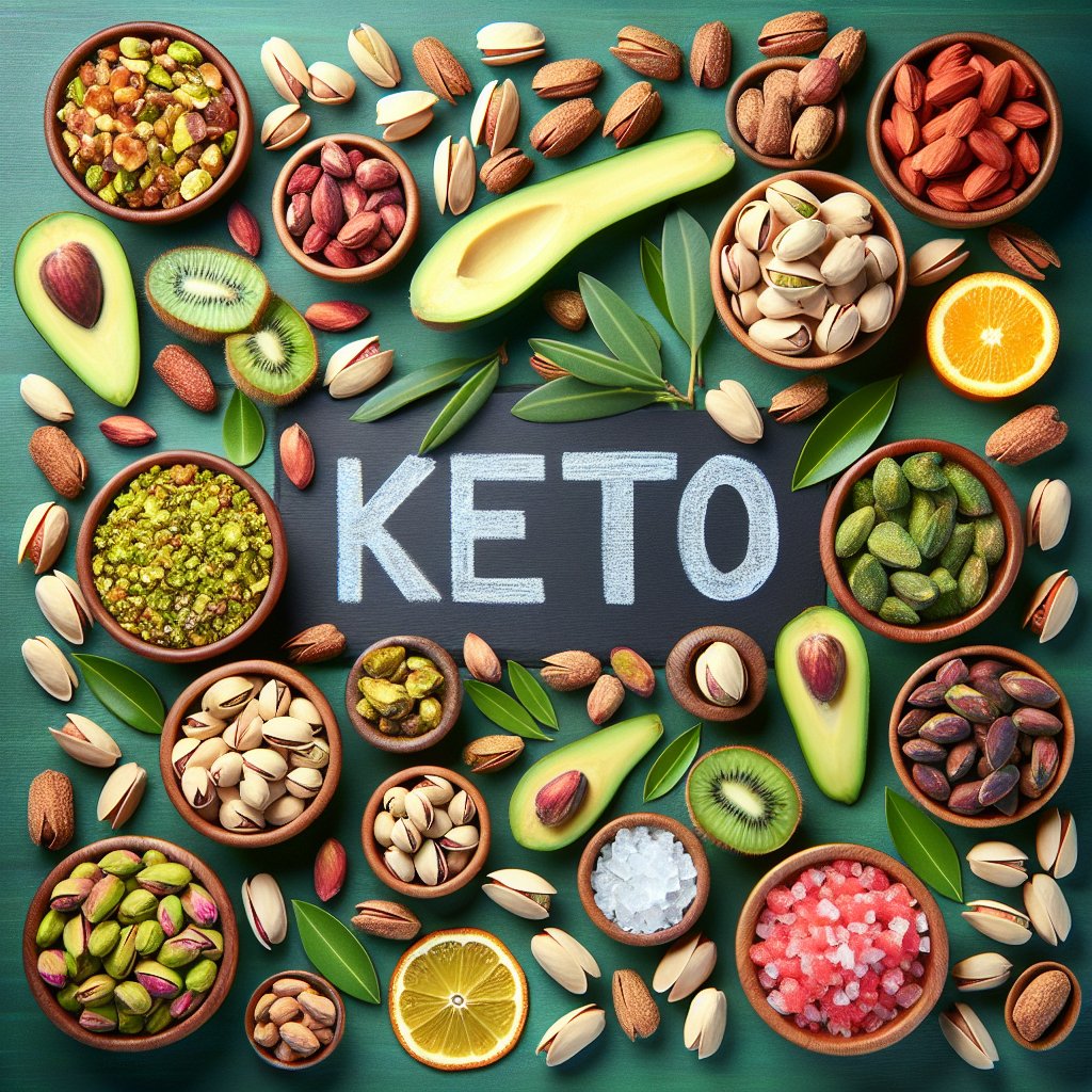 Assorted keto-friendly snacks featuring vibrant pistachio nuts