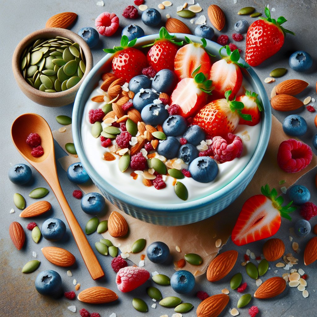 Vibrant low-carb yogurt bowl topped with a variety of colorful, fresh keto-friendly ingredients including berries, nuts, seeds, and sugar-free syrup drizzle.