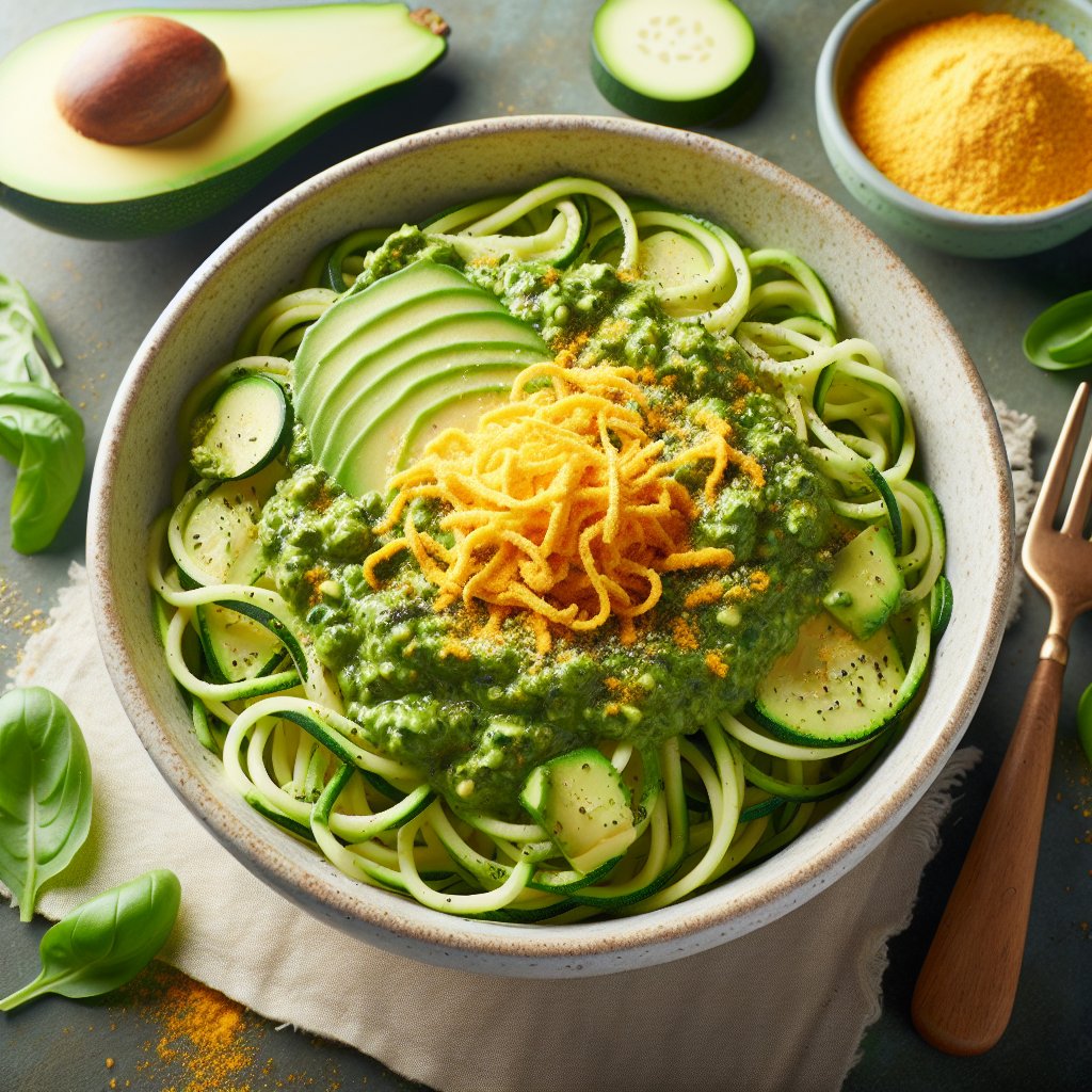 Colorful zucchini noodles, fresh avocado pesto, and nutritional yeast create a fresh and healthy vegan keto pasta dish.