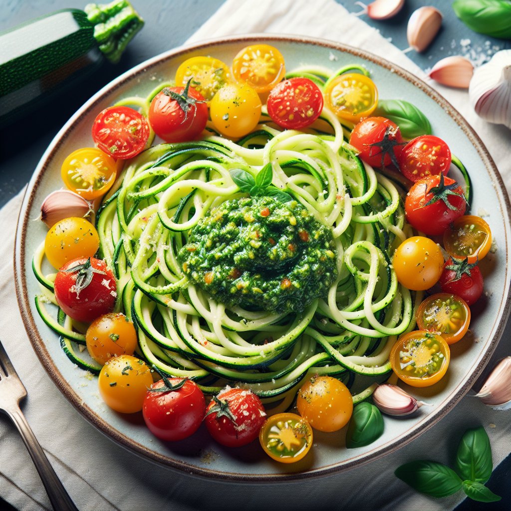 Spiralized zucchini noodles topped with homemade pesto and cherry tomatoes