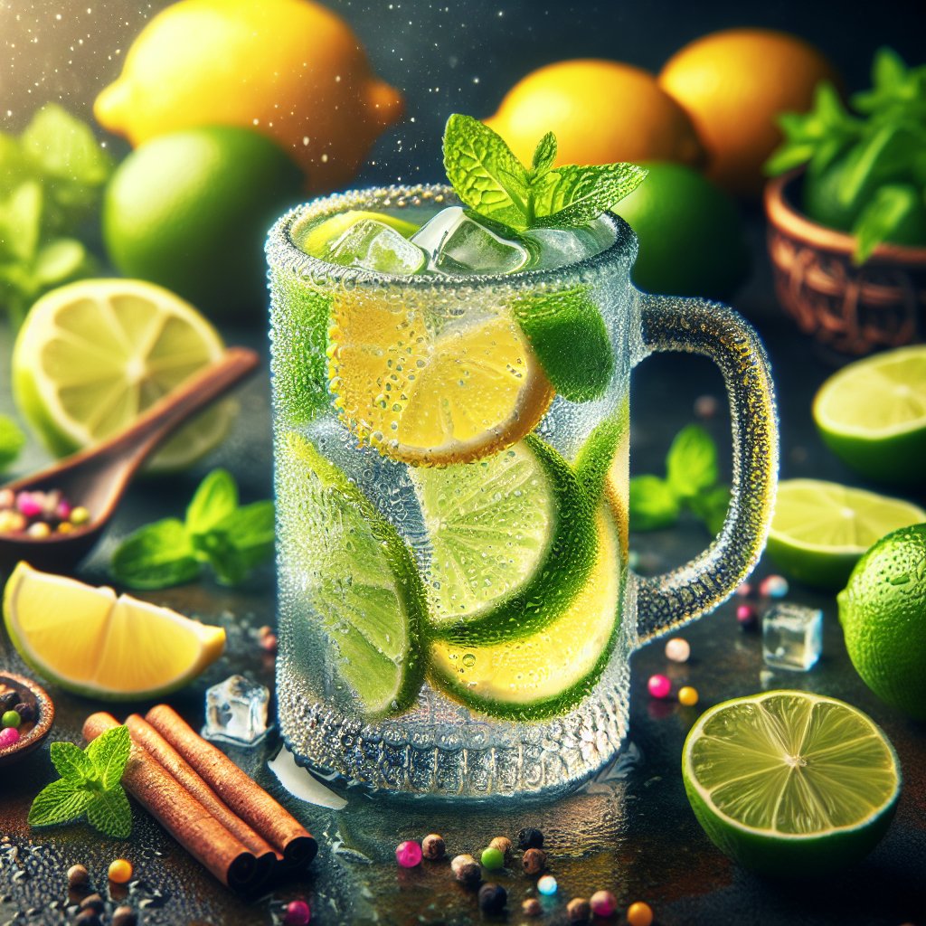 Refreshing electrolyte drink surrounded by fresh lemons, limes, and mint leaves in a clear glass, highlighting its hydrating properties