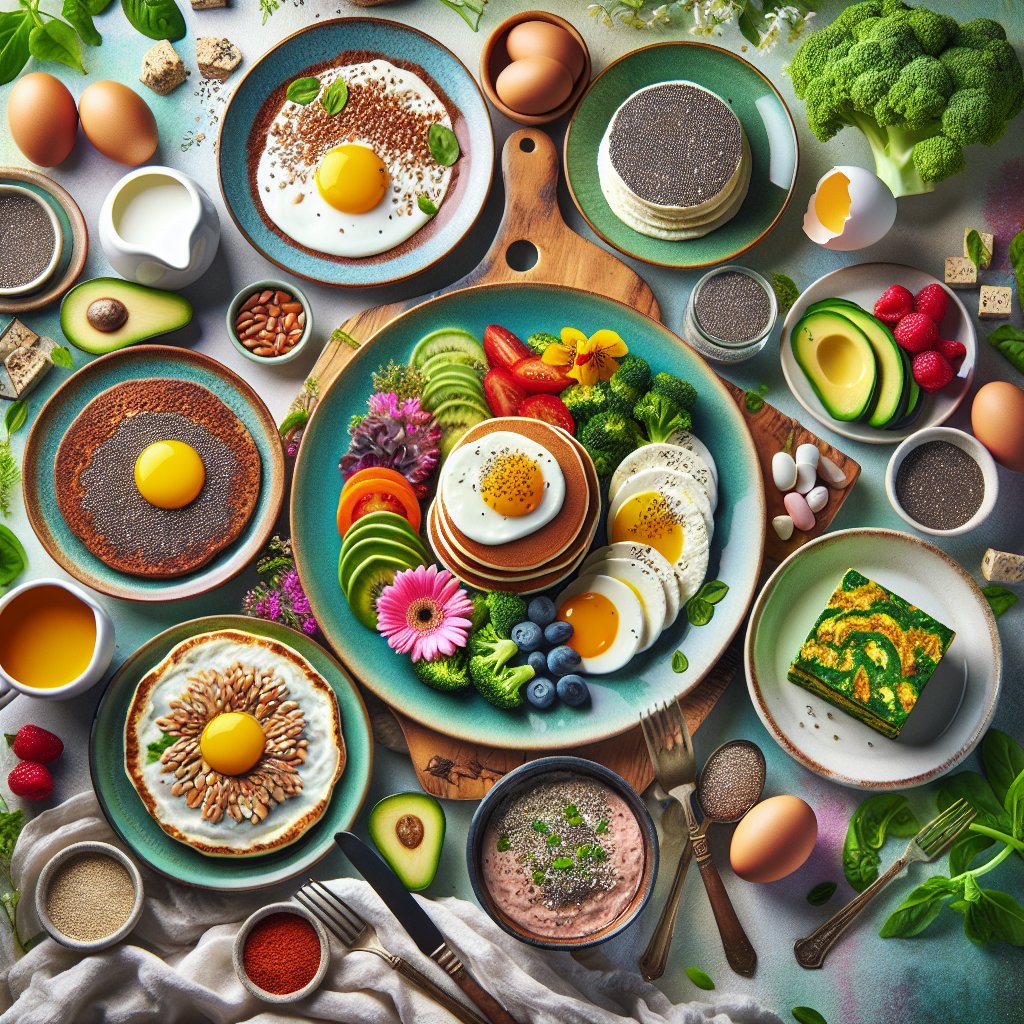 Colorful and healthy keto-friendly breakfast spread with egg substitutes including flaxseed meal pancakes, chia seed pudding, and tofu scramble