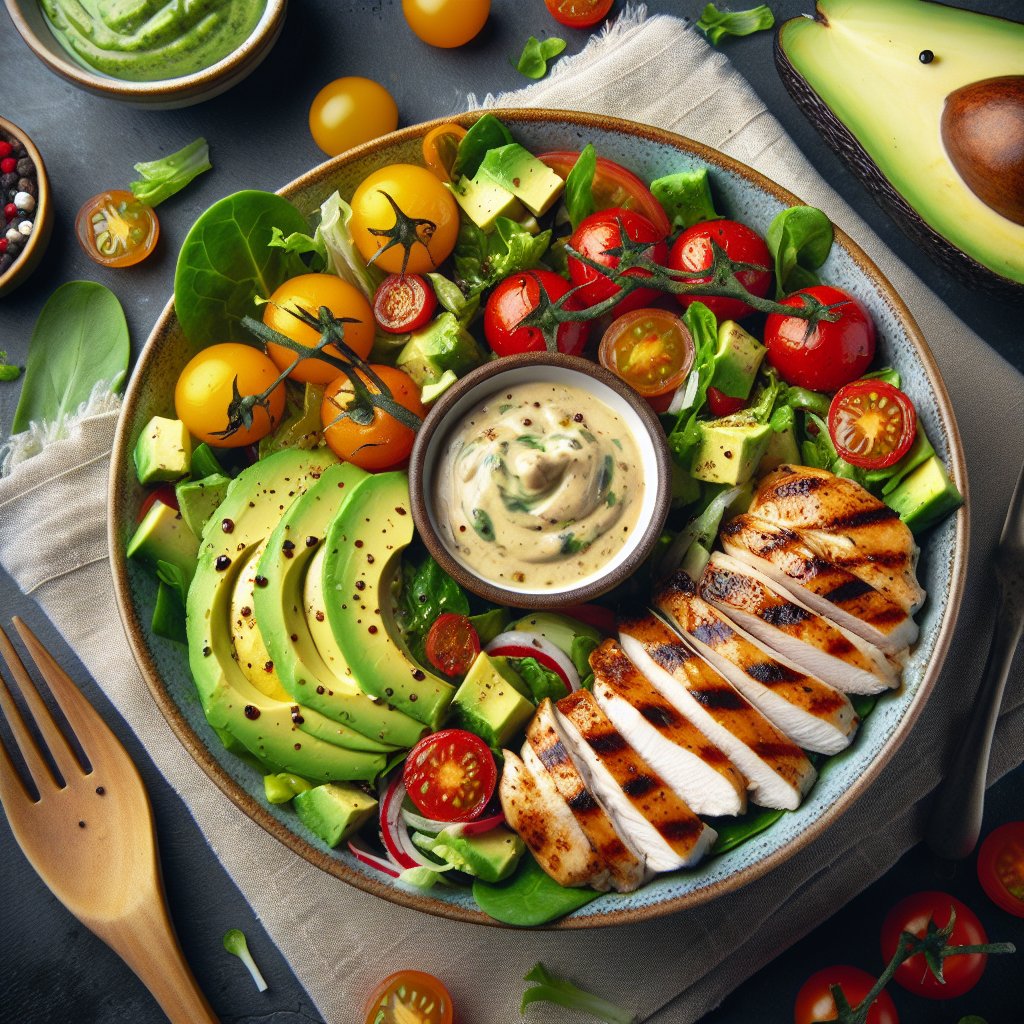 Vibrant keto-friendly salad with leafy greens, avocados, cherry tomatoes, grilled chicken, and homemade keto-friendly dressing