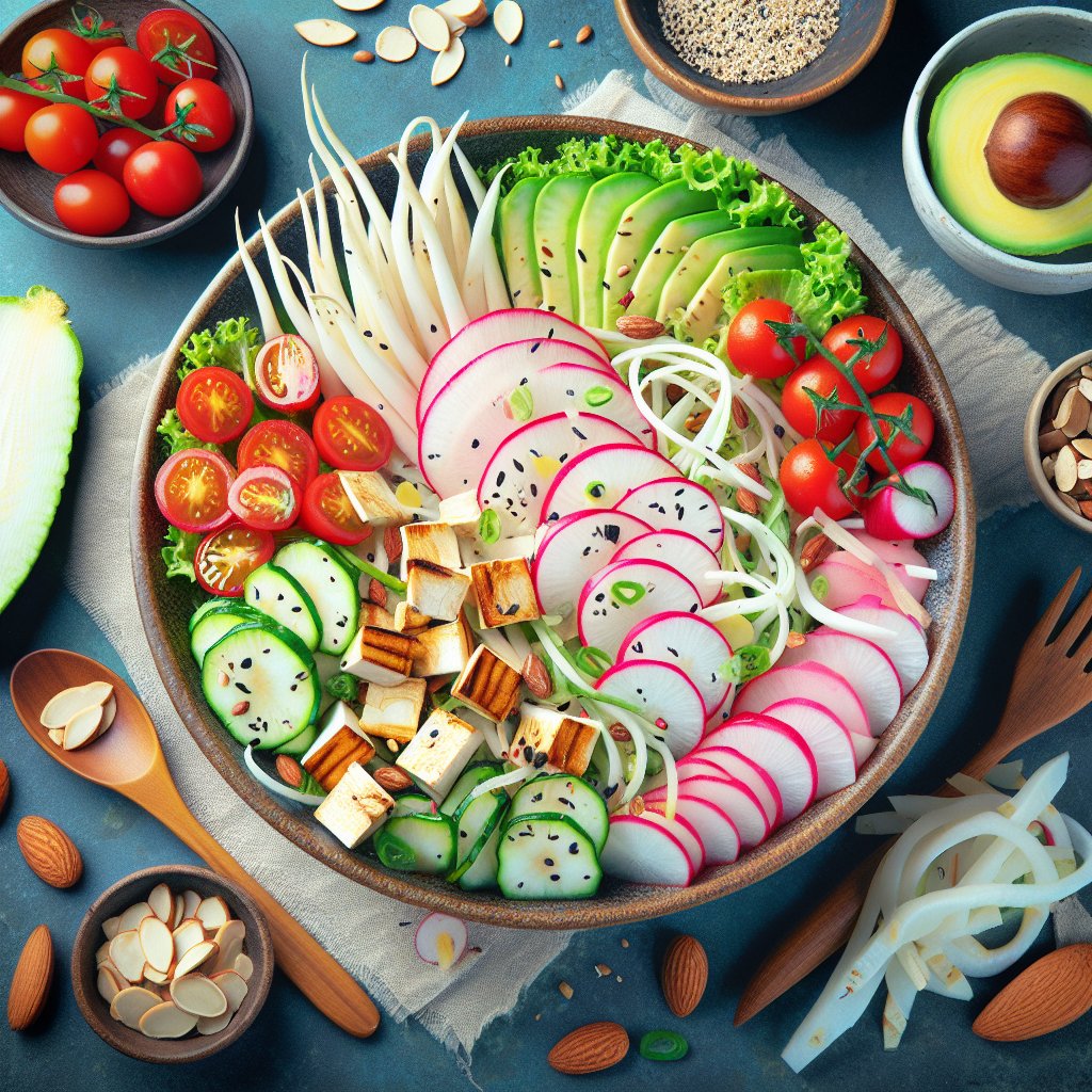 Vibrant keto-friendly salad with sliced daikon, cherry tomatoes, avocado, and grilled chicken, displaying freshness and vitality.