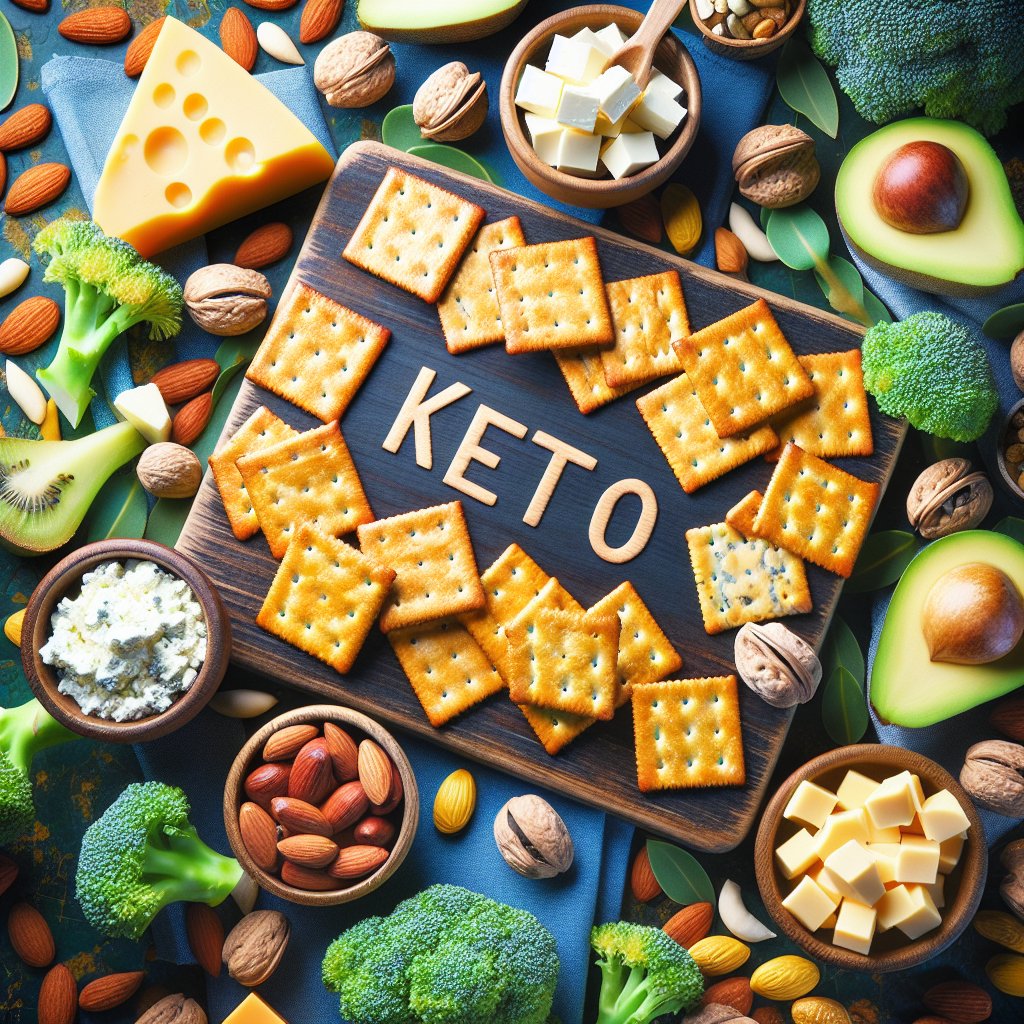 Keto-friendly snack spread with Simple Mills crackers, nuts, seeds, and cheese