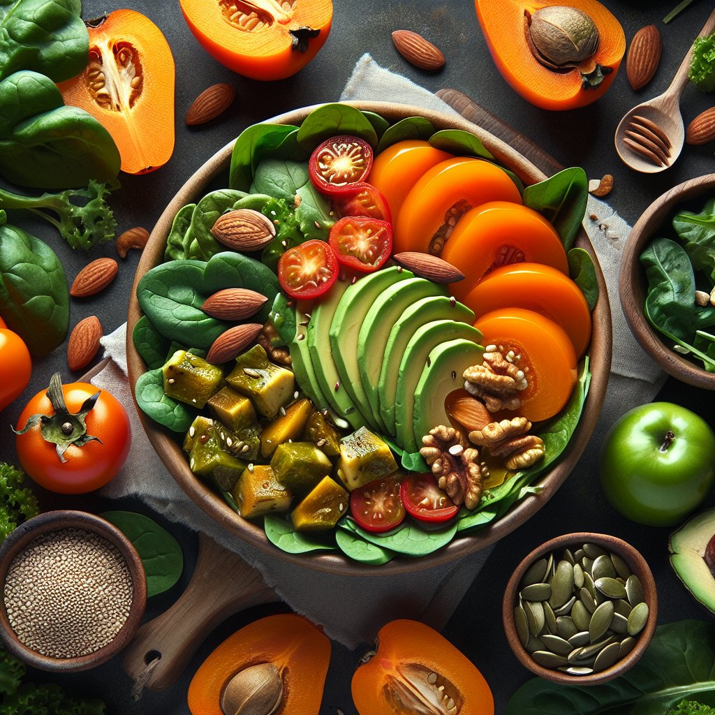 Fresh persimmon salad with avocado, greens, nuts, and seeds on a keto-friendly backdrop