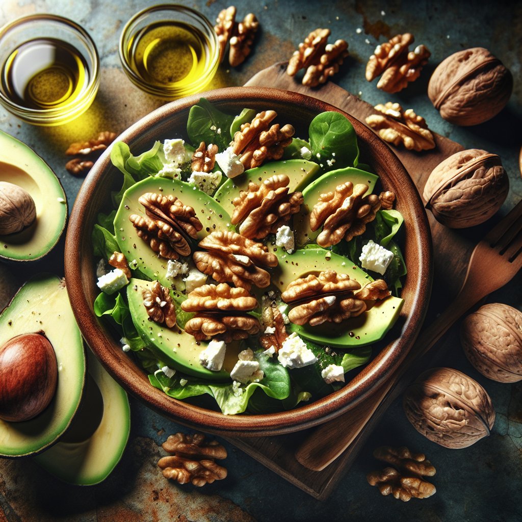 Delicious walnut and avocado salad with feta cheese and a drizzle of olive oil on wooden backdrop