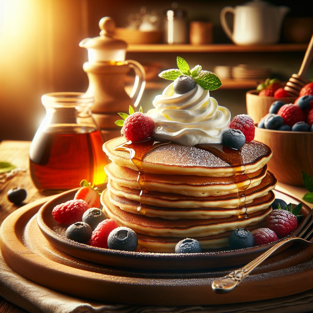 Fluffy golden-brown Carbquik keto pancakes with sugar-free whipped cream and maple syrup, served on a rustic wooden plate with berries and mint garnish in a cozy kitchen setting