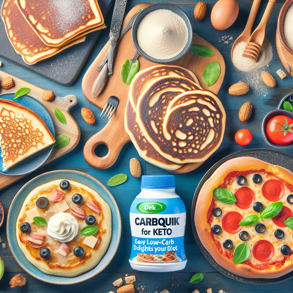 Assortment of keto-friendly dishes made with Carbquik, including pancakes, bread, and pizza crust