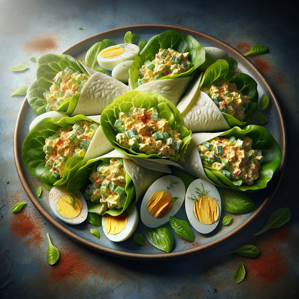 Vibrant plate of colorful egg salad lettuce wraps with fresh lettuce leaves and paprika garnish