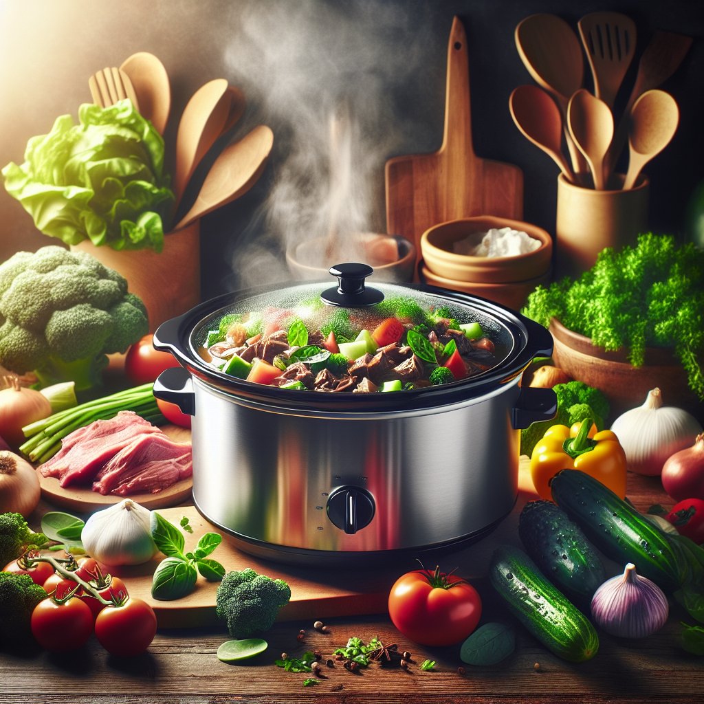 Vibrant kitchen scene with crockpot surrounded by fresh, colorful ingredients, evoking convenience and deliciousness of lazy keto cooking