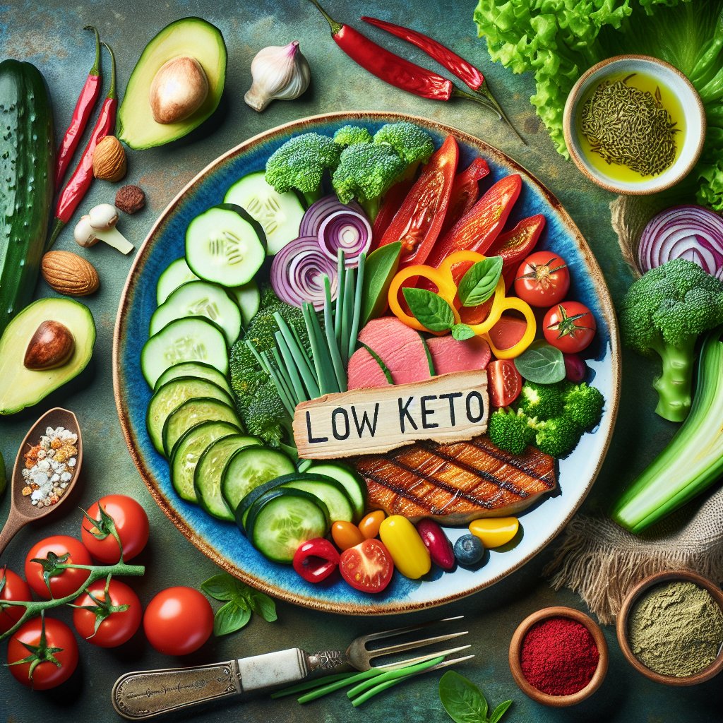 Vibrant and appetizing low-fat keto meal with fresh vegetables, lean protein, and healthy fats