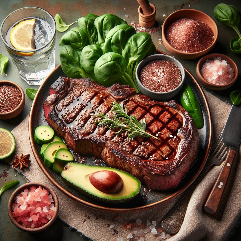 Juicy grilled steak with avocado and flaxseed, surrounded by leafy greens and Himalayan salt, with a glass of water and lemon slices for hydration and nourishment.