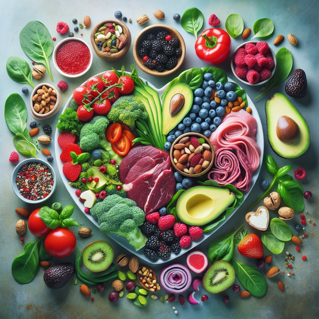 Vibrant, beautifully arranged heart-healthy keto meal with leafy greens, berries, nuts, avocados, lean proteins, and healthy fats.