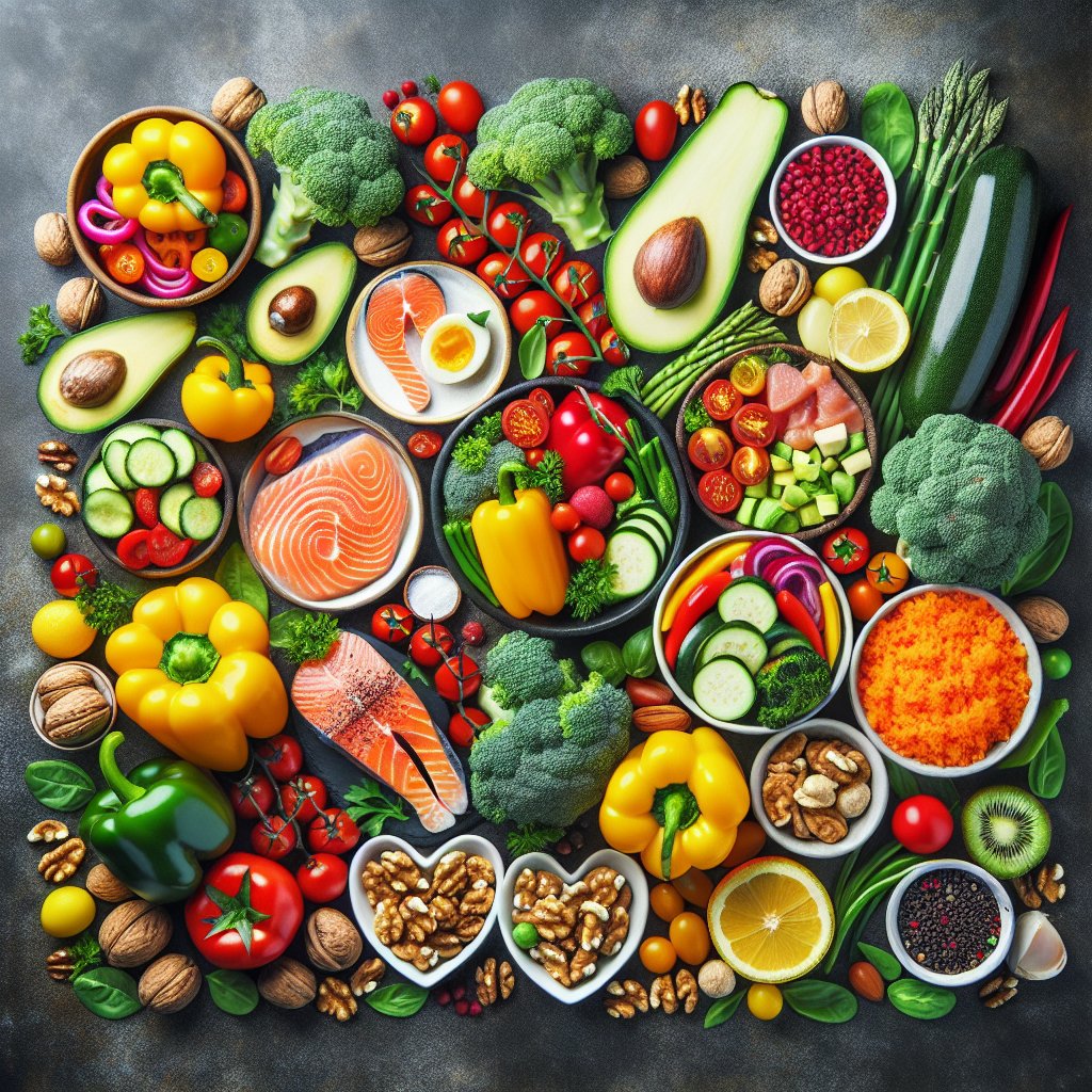 Vibrant array of colorful vegetables, lean proteins, healthy fats, and low-carb alternatives, arranged in an appetizing display.