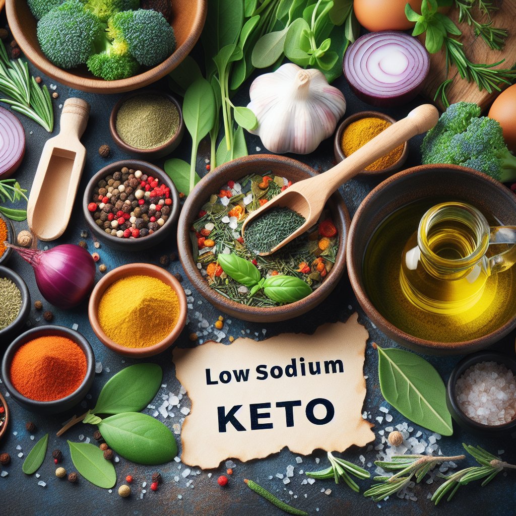 An assortment of vibrant fresh herbs and aromatic spices being added to a low sodium keto recipe, promoting health and wellness through mindful cooking.