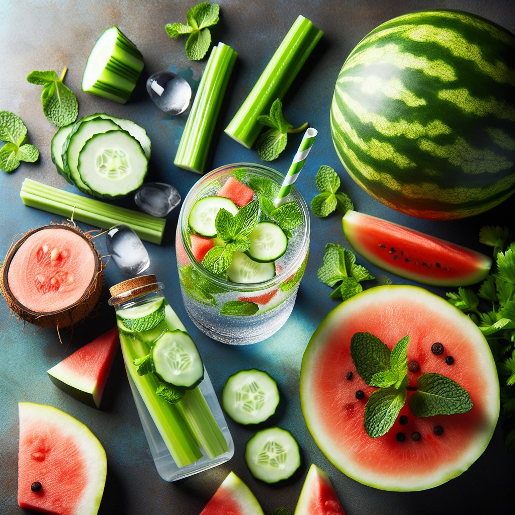 Assortment of hydrating foods and beverages including infused water, coconut water, watermelon, and celery sticks for a low-sodium keto diet.