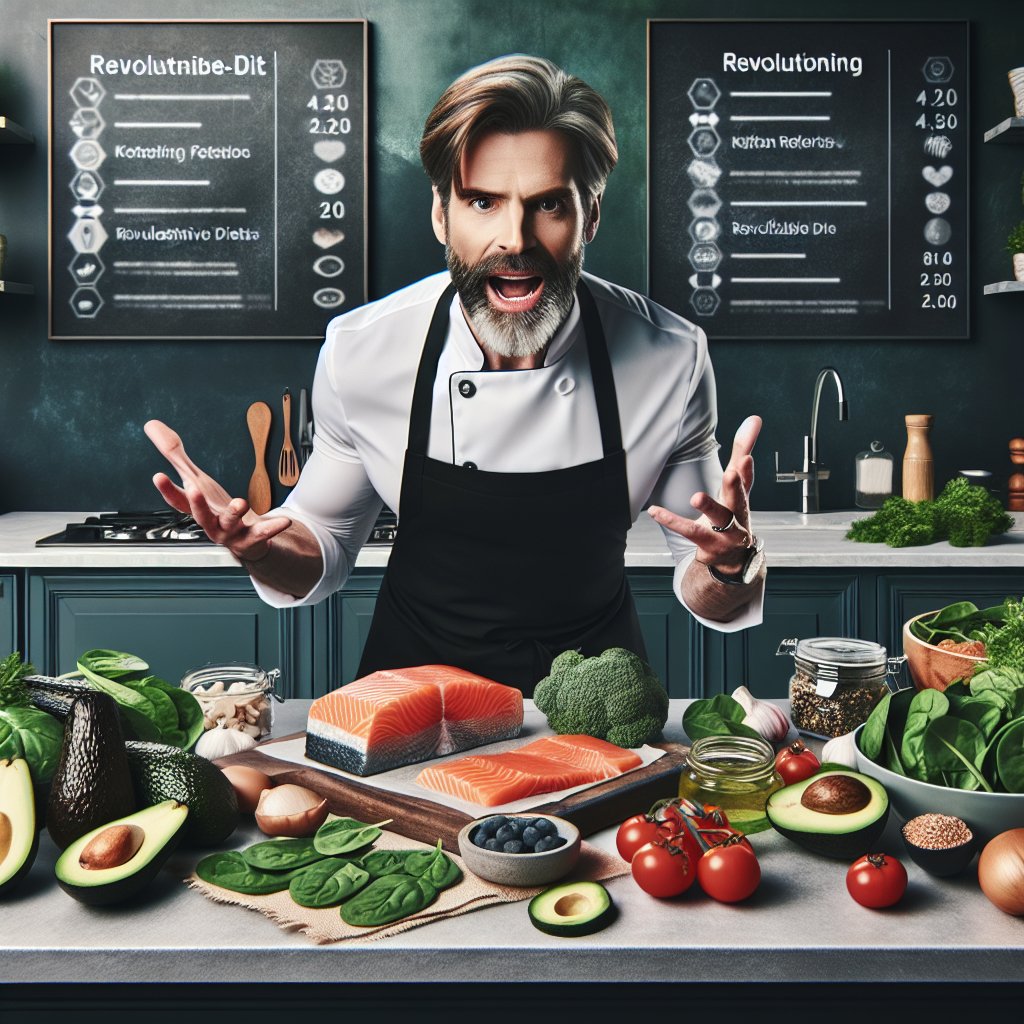 A nutrition expert or chef specializing in Keto 2.0 diets, passionately preparing a vibrant and innovative Keto 2.0 recipe surrounded by fresh, nutrient-dense ingredients, aligning with the theme of the article.