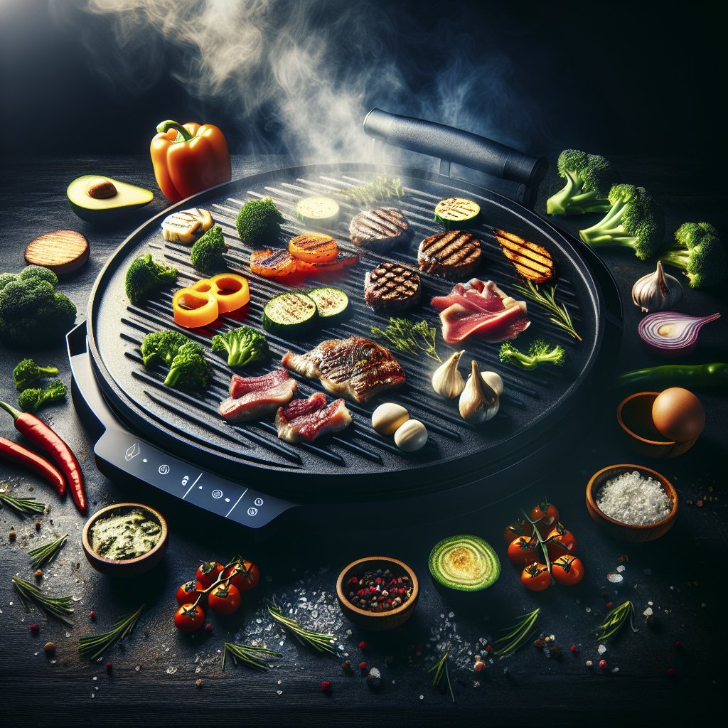 Assorted keto-friendly ingredients sizzling on a hot Blackstone griddle, emitting mouthwatering aroma and vibrant colors