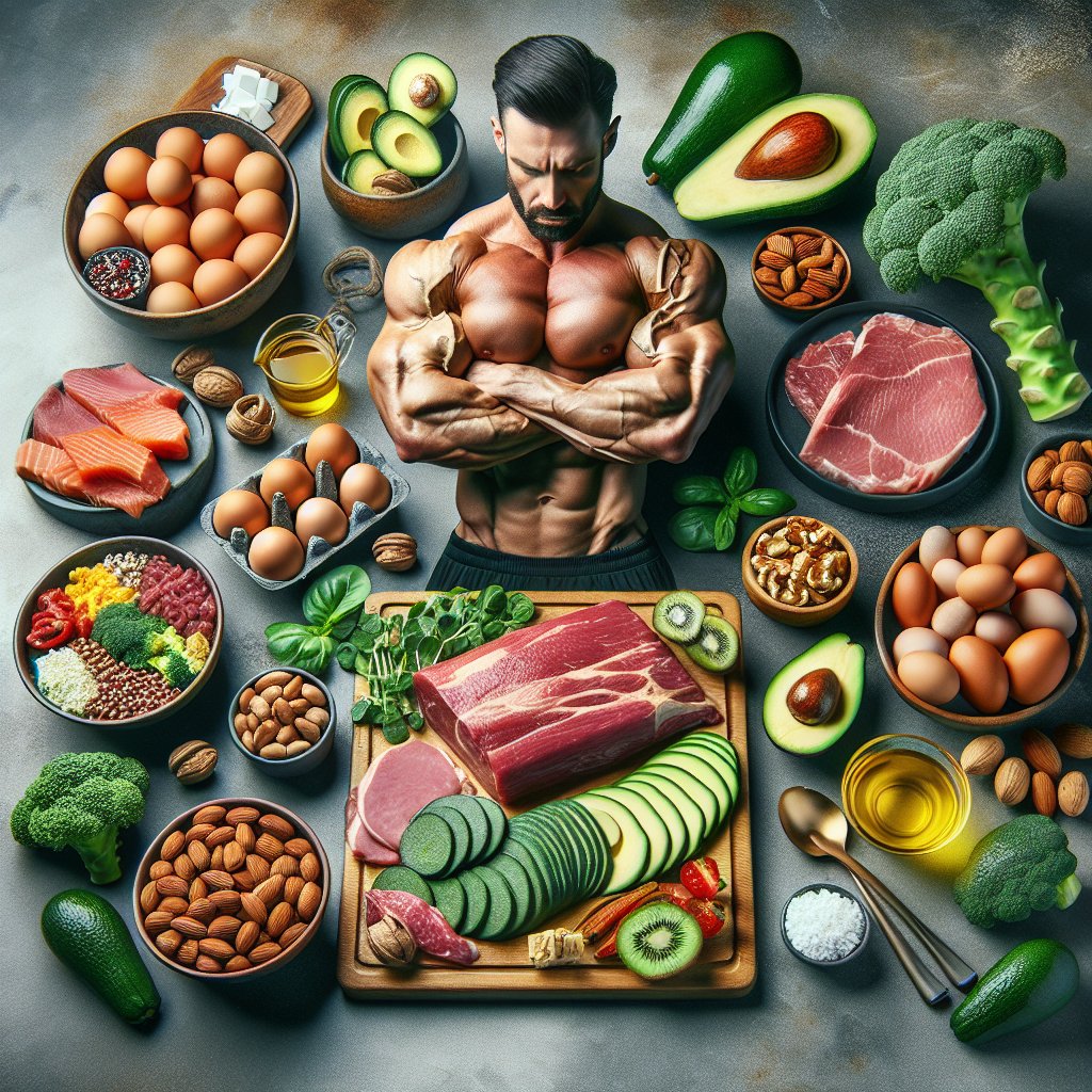 High-protein, keto-friendly meal prep spread with lean meats, eggs, leafy greens, nuts, and avocados, emphasizing the balance of macronutrients and strategic use of healthy fats for muscle building and sustained energy.